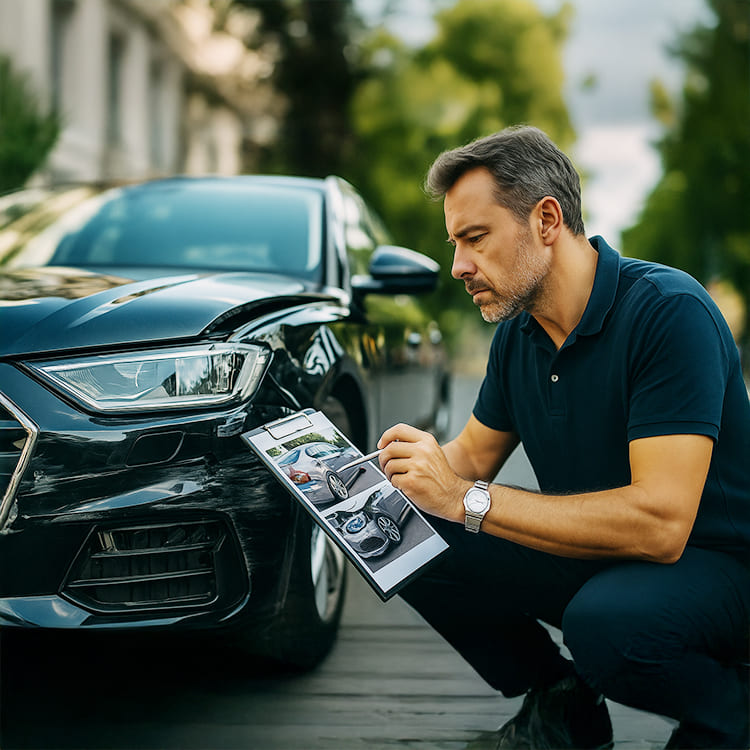 Unfall mit Teilschuld -Gutachter prueft Schaden